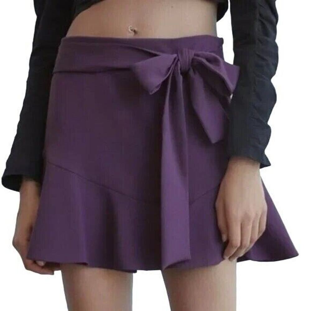 NWT Zara Flared High Waisted Bow Tie Belt Mini Skort Side Zip Stretch S Purple